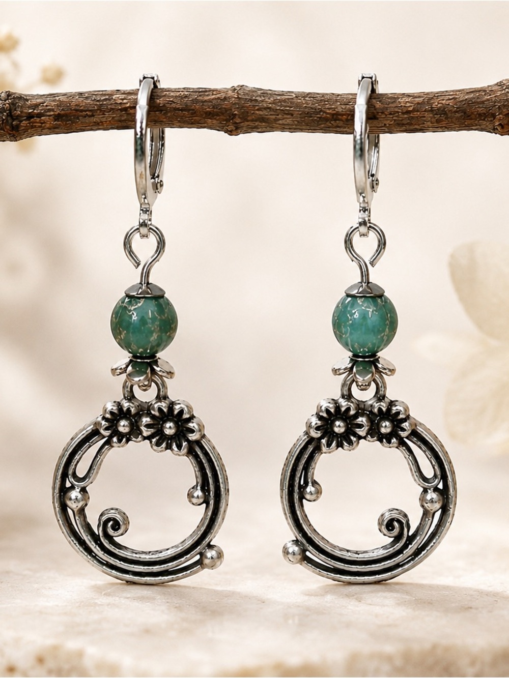 Turquoise Aqua Silver Scroll Earrings • Boho Floral Dangles - Picture 2 of 7
